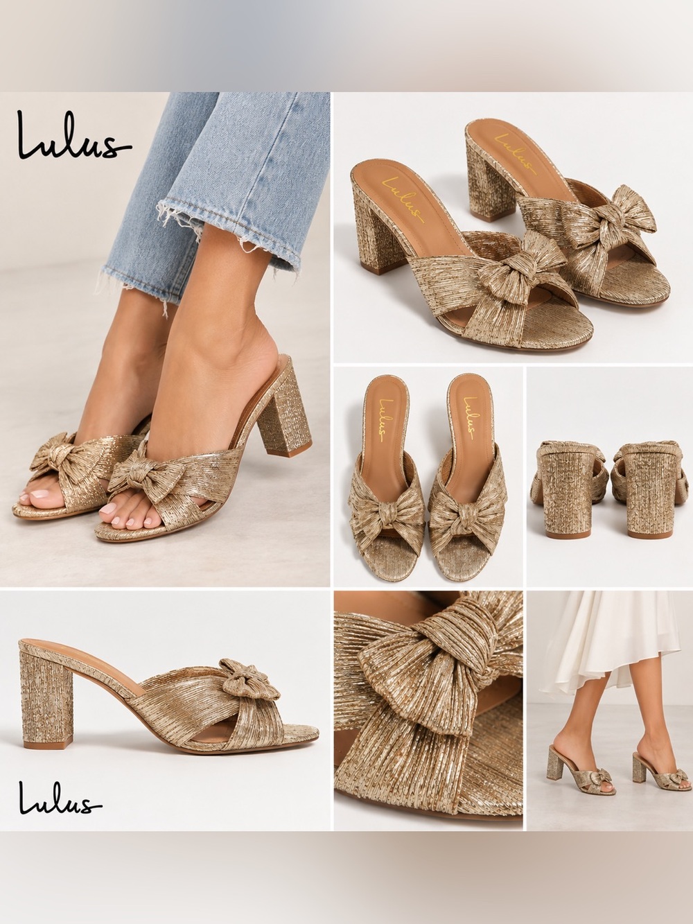 Lulus Metallic Gold Bow Block Heel Mule Sandals Size 8 NWT